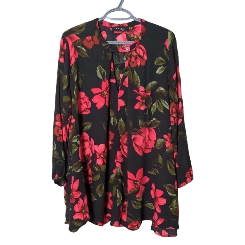 Akira Tunic Dress Black Rose Long Sleeve Key Hole Neckline Party Hi Low Size L